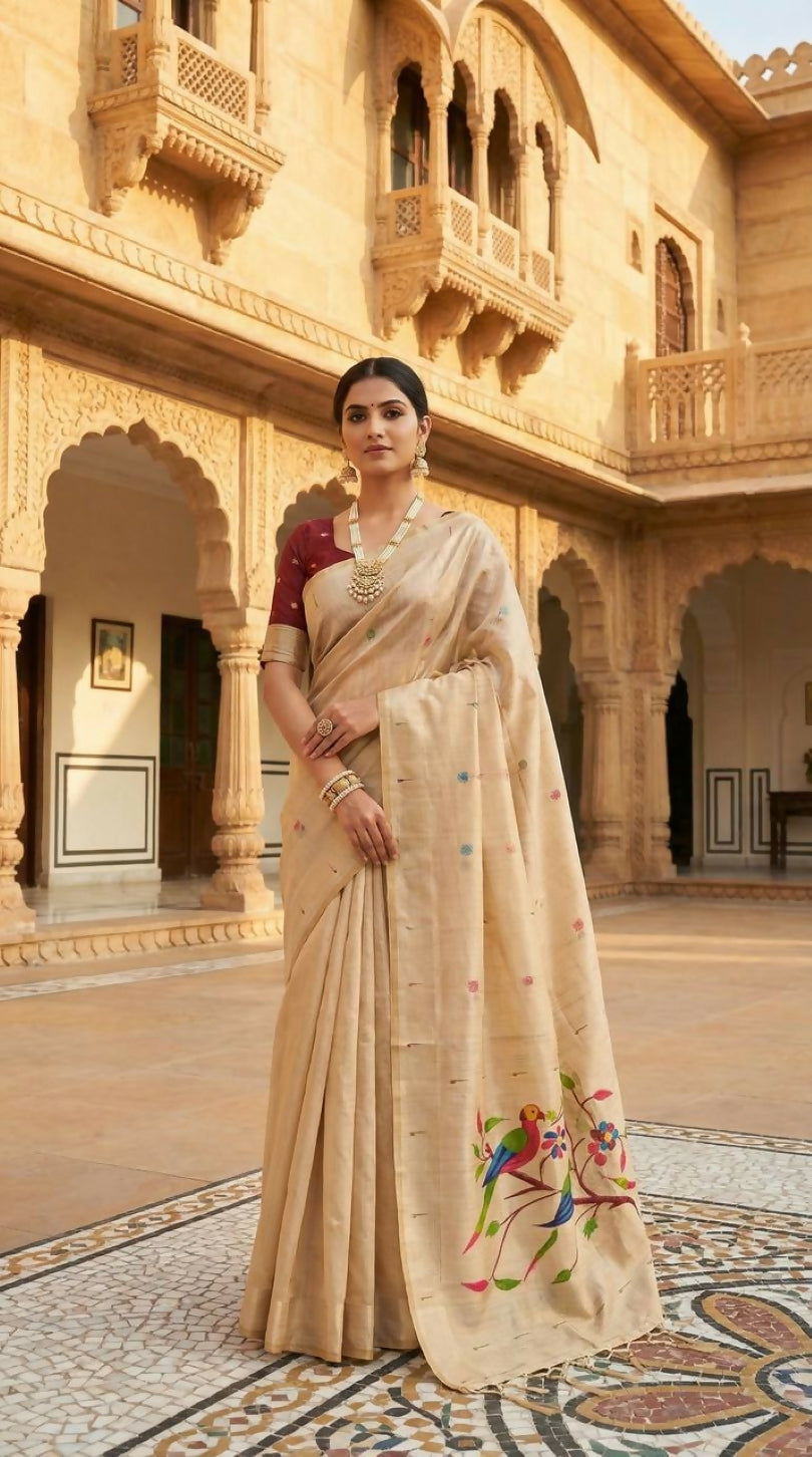 Vastranavya Cream Muga Cotton Meenakari & Munia Weaving Pallu Saree with Contrast Blouse - Distacart