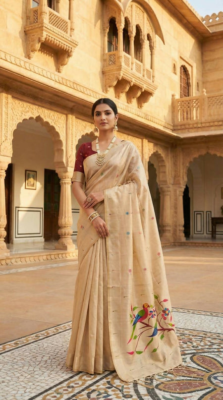 Vastranavya Cream Muga Cotton Meenakari & Munia Weaving Pallu Saree with Contrast Blouse