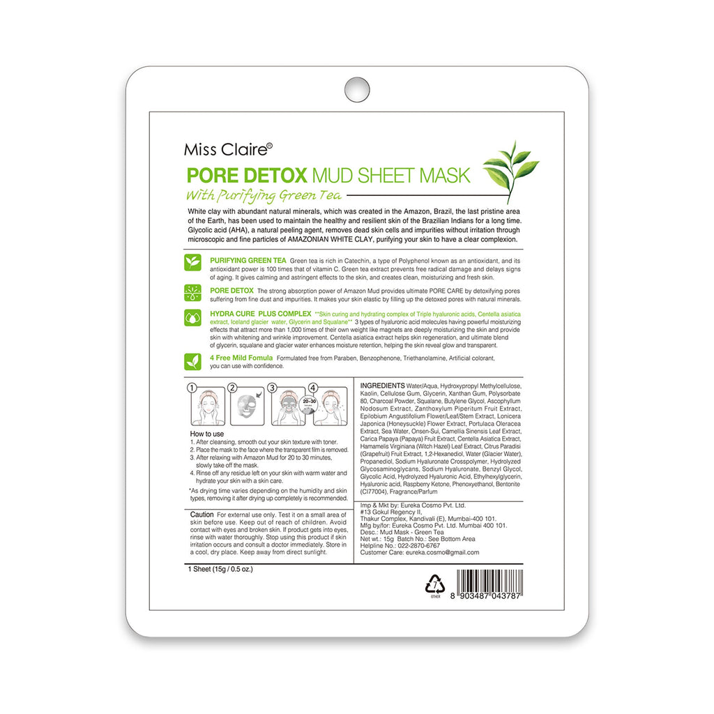 Miss Claire Pore Detox Mud Sheet Mask With Purifying Green Tea - Distacart