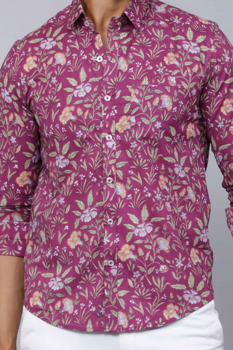 Miravan Men's Purple Comfort Foral Printed Casual Cotton Shirt