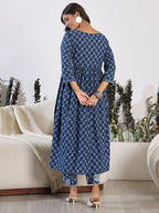 Indo Era V-Neck Floral Printed Empire Pure Cotton Kurta with Trouser - Distacart