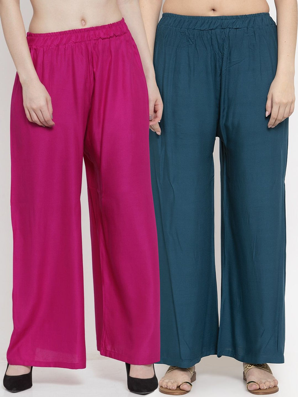 TAG 7 Women Set Of 2 Blue & Magenta Solid Straight Palazzos