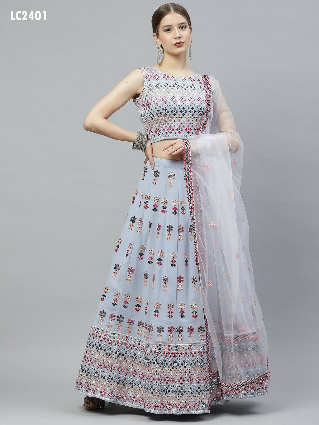 Sky Blue Georgette Heavy Embroidery mirror Work Lehenga Choli with Dupatta - Jivika