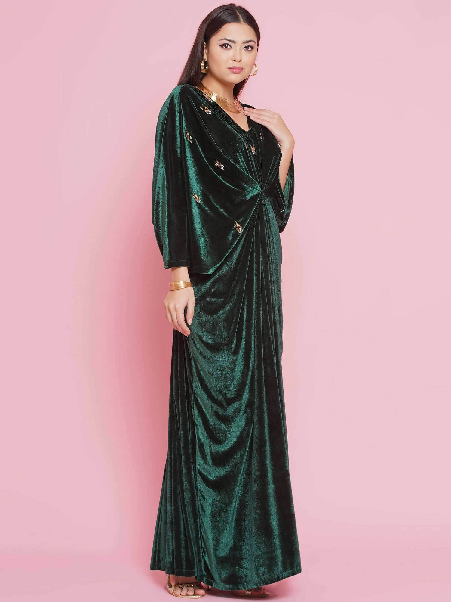Women Republic Green Velvet Hand Embellished Gown - Distacart