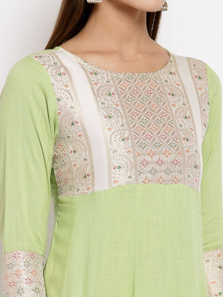 Myshka Women's Green Royan Printed 3/4 Sleeve Round Neck Casual Anarkali Kurta Dupatta Set