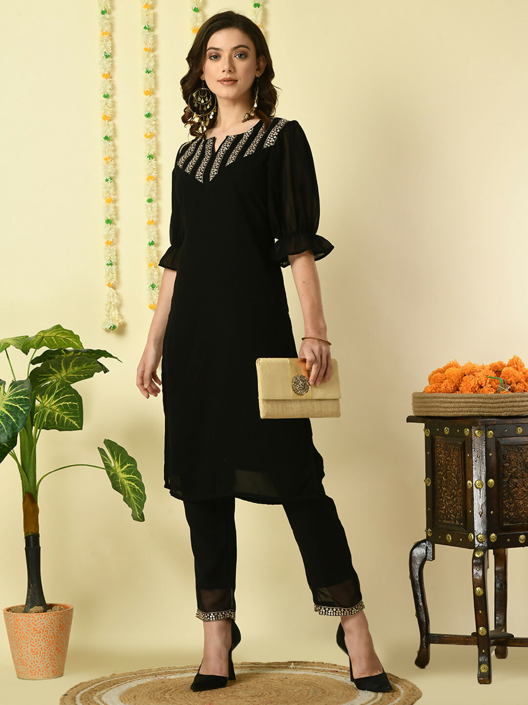 Myshka Women's Black Georgette Kurta With Trousers Party Sets
