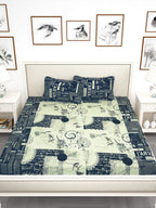Story@home Blue & Off White Conversational King Bedsheet with 2 Pillow Covers - Distacart