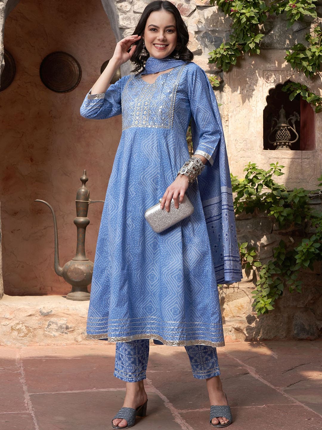 Sangria Blue Printed & Embroidered Pure Cotton A-Line Kurta With Trouser & Dupatta