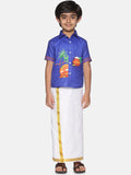 Sethukrishna Boys Blue & White Printed Shirt With Pure Cotton Dhoti Set