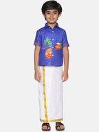 Sethukrishna Boys Blue & White Printed Shirt With Pure Cotton Dhoti Set