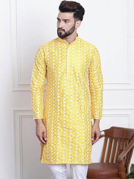 Sojanya Men Yellow & White Ethnic Motifs Embroidered Straight Kurta