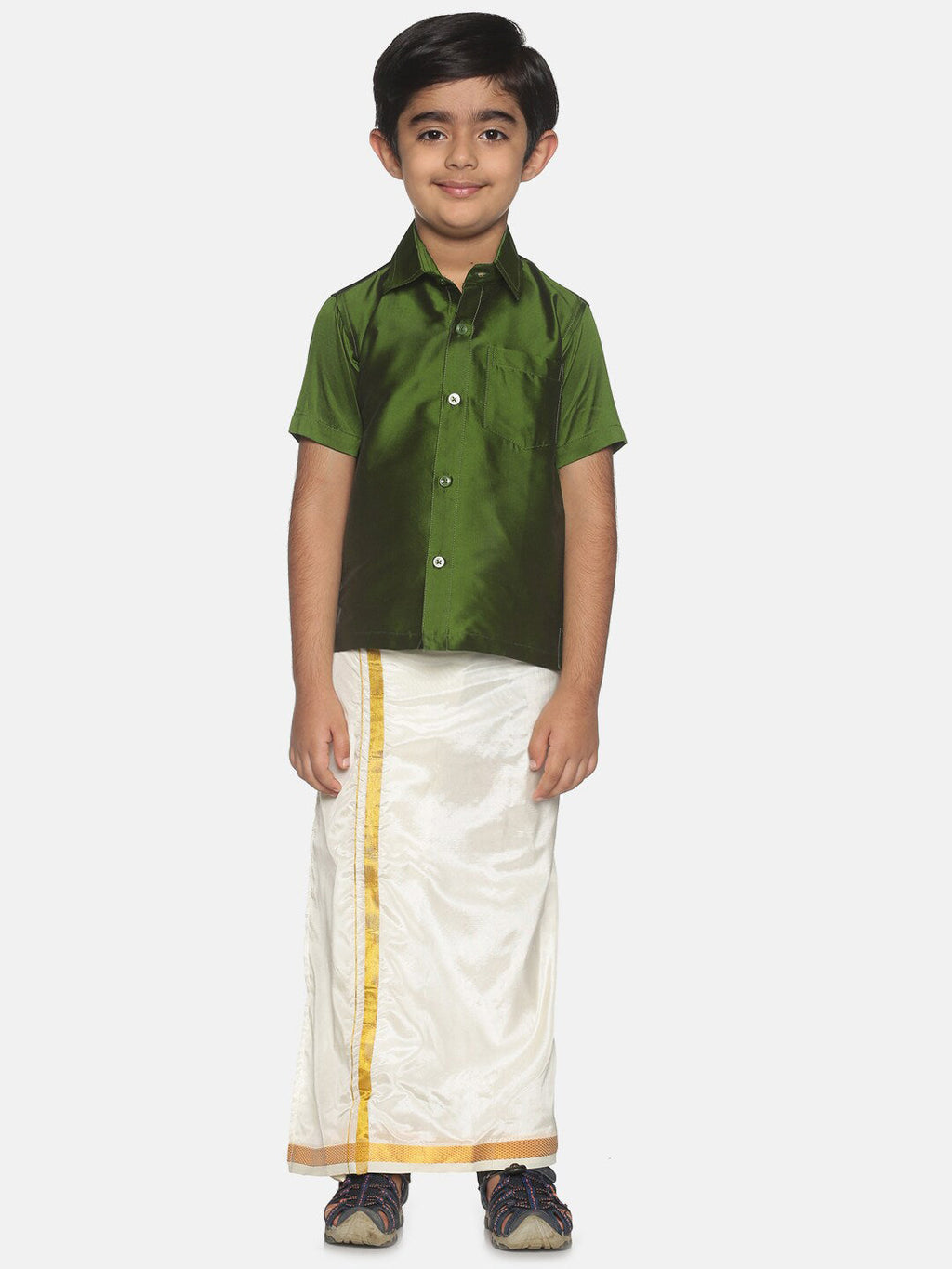 Sethukrishna Boys Green Shirt & Cream-Coloured & Zari Border Veshti Set