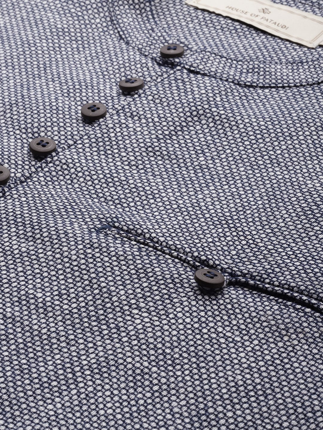 House of Pataudi Men Navy Blue & White Woven Design Straight Kurta