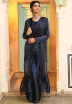 Navy Blue Tom Silk Plain Ready To Wear Saree With Stitched Blouse - Satiksha
