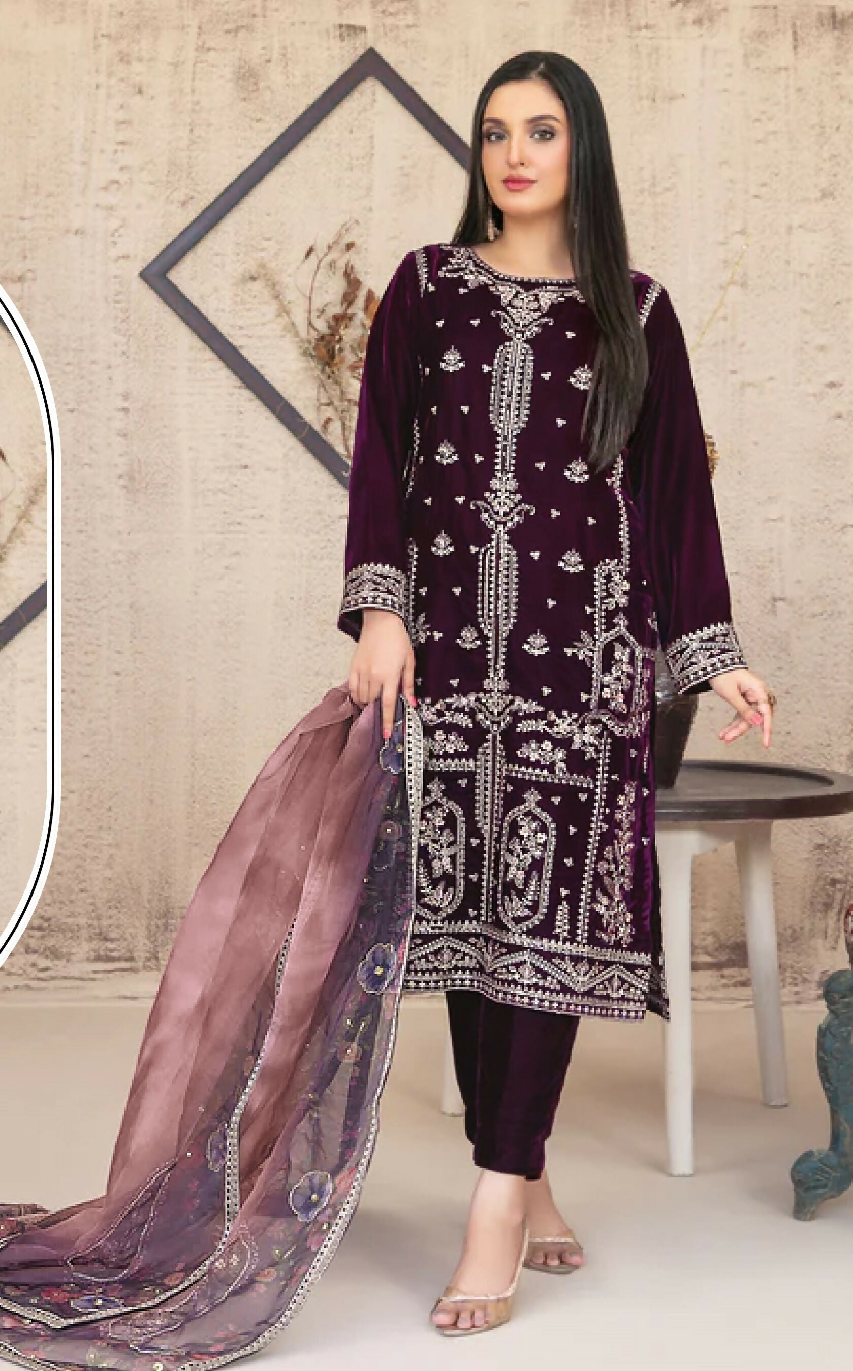 Anaita Purple Velvet Suit with Embroidery Sequence Work - Distacart