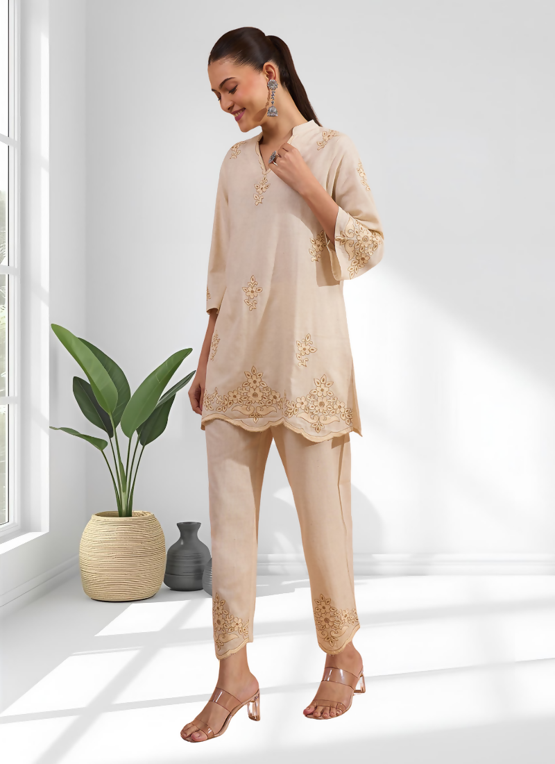 Joban Fashion Beige Linen Embroidered Readymade Cord Set - Distacart