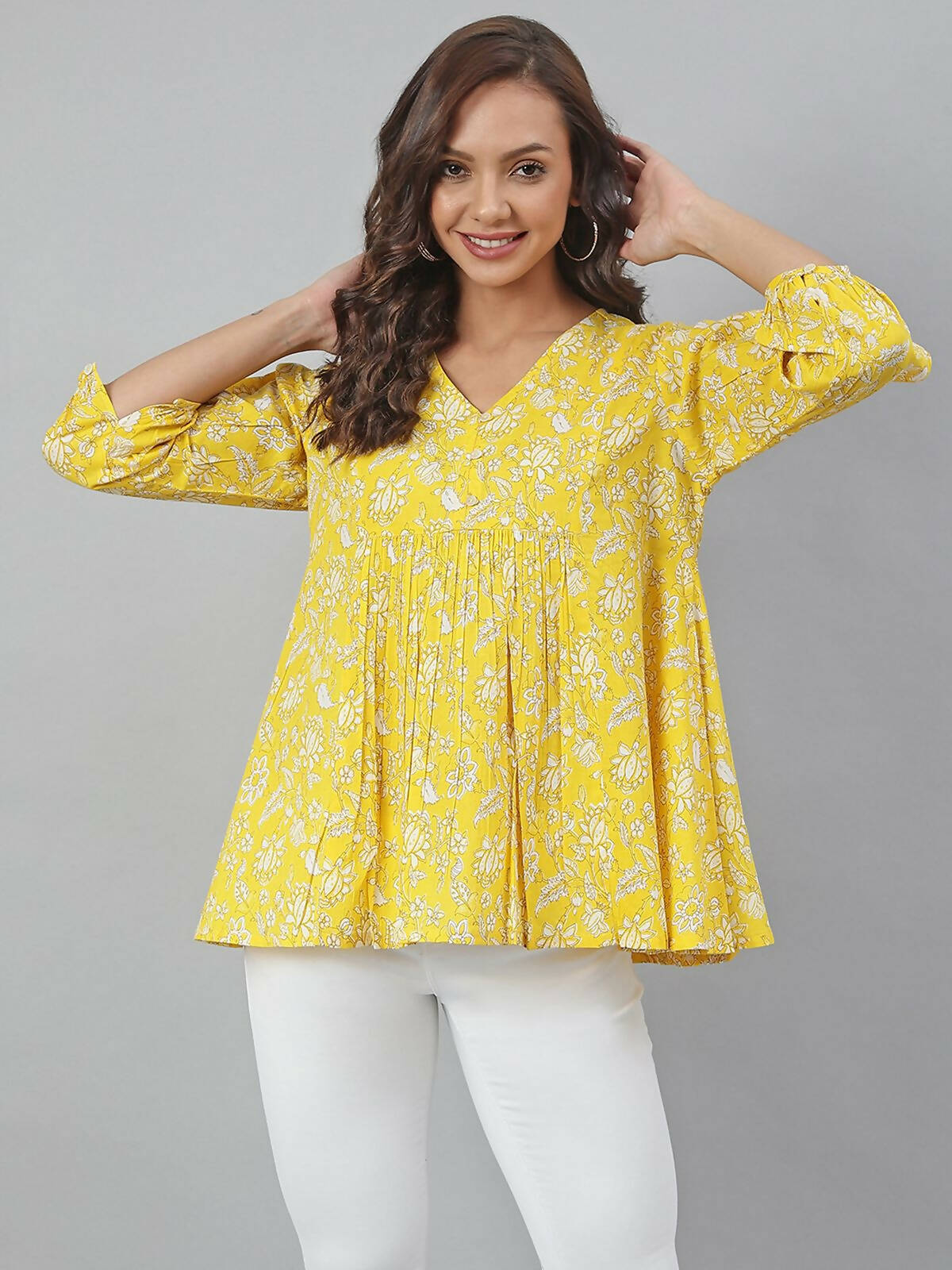 Janasya Women's Yellow Cotton Floral Print Flared Top - Distacart