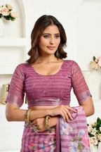 Joban Fashion Dusty Wine Floral & Striped Linen Ready To Wear Saree With Unstitched Blouse - Distacart