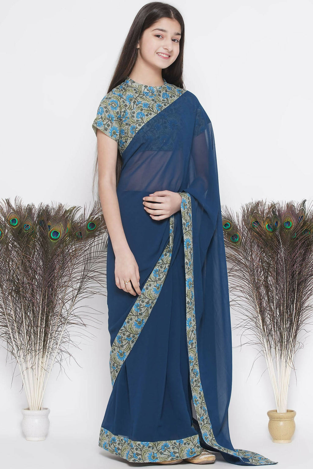 Little Bansi Floral Print Ready To Wear Saree And Floral Blouse - Blue