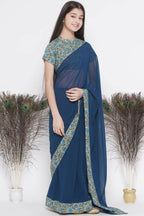 Little Bansi Floral Print Ready To Wear Saree And Floral Blouse - Blue