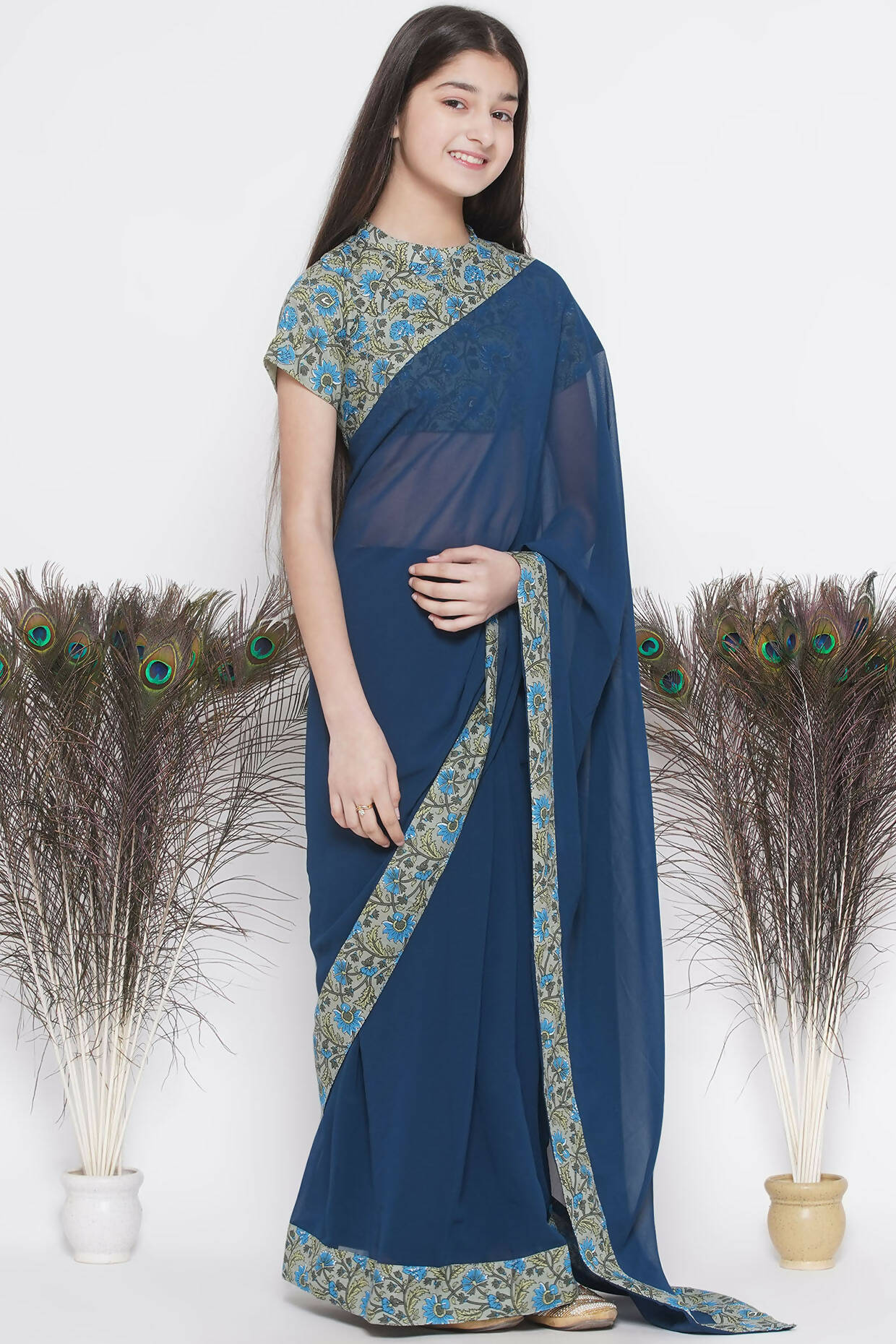 Little Bansi Floral Print Ready To Wear Saree And Floral Blouse - Blue