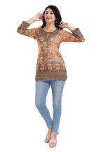 Snehal Creations Rustic Brown Faux Crepe Printed Short Kurti Tunic Top - Distacart