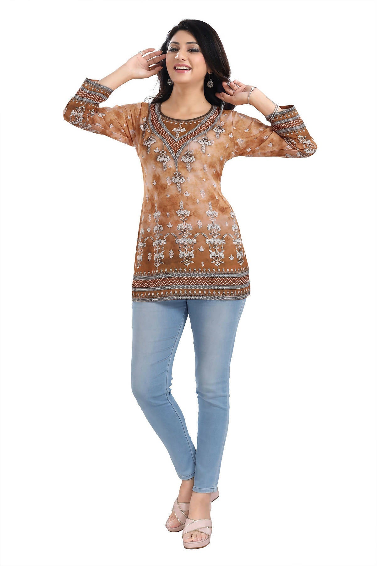 Snehal Creations Rustic Brown Faux Crepe Printed Short Kurti Tunic Top - Distacart