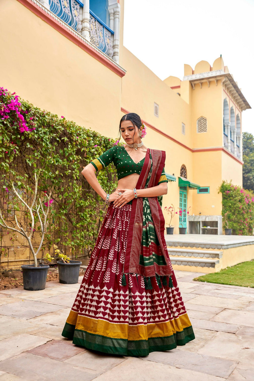 Vastranavya Printed and Foil Work Tussar Silk Lehenga with Unstitched Blouse - Maroon