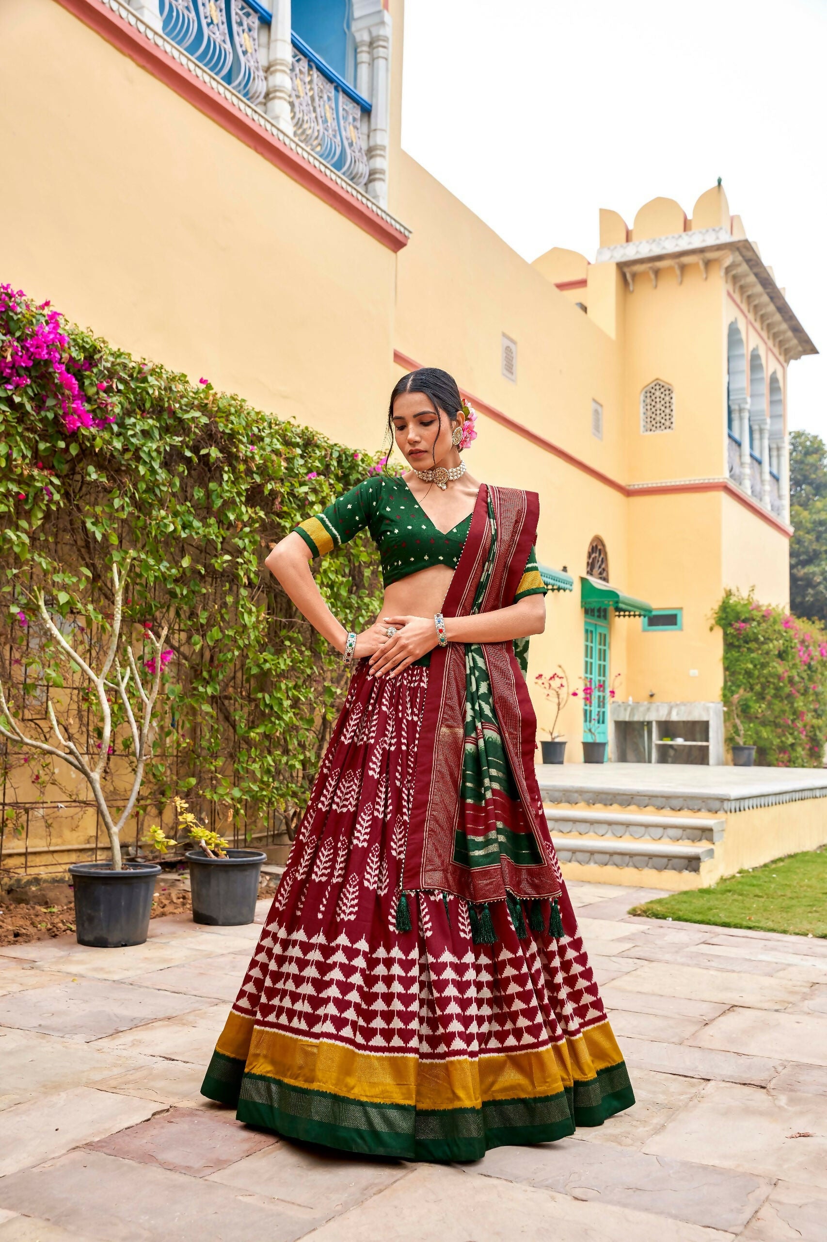 Vastranavya Printed and Foil Work Tussar Silk Lehenga with Unstitched Blouse - Maroon