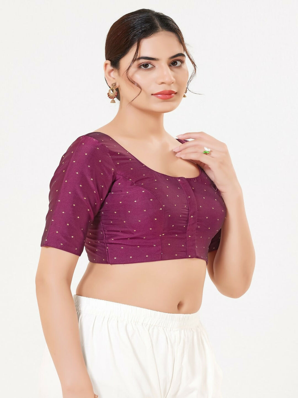 Joban Fashion Plum Taffeta Silk Elbow Sleeveless Front Open Blouse
