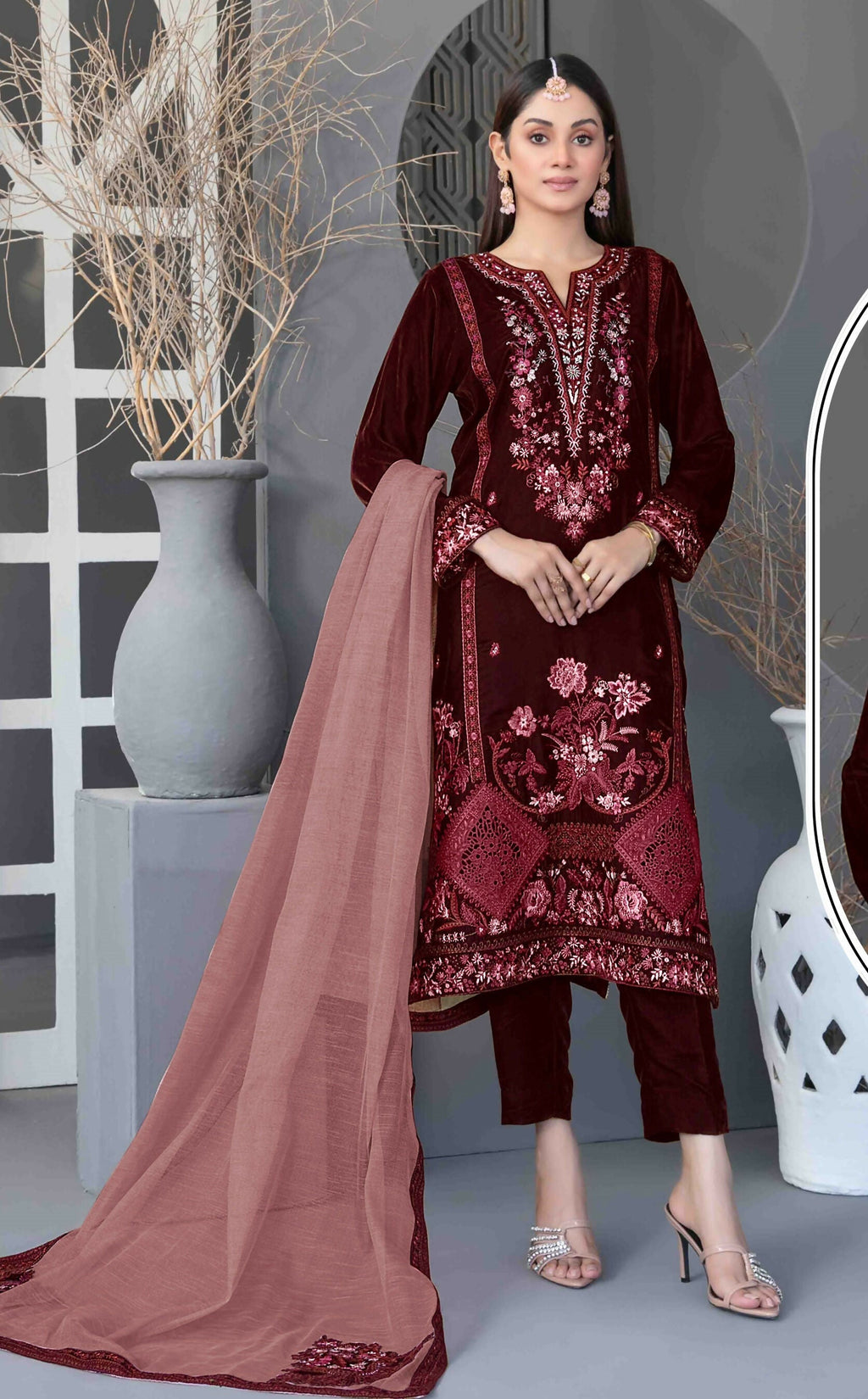 Anaita Maroon Velvet Suit with Embroidery Sequence Work - Distacart