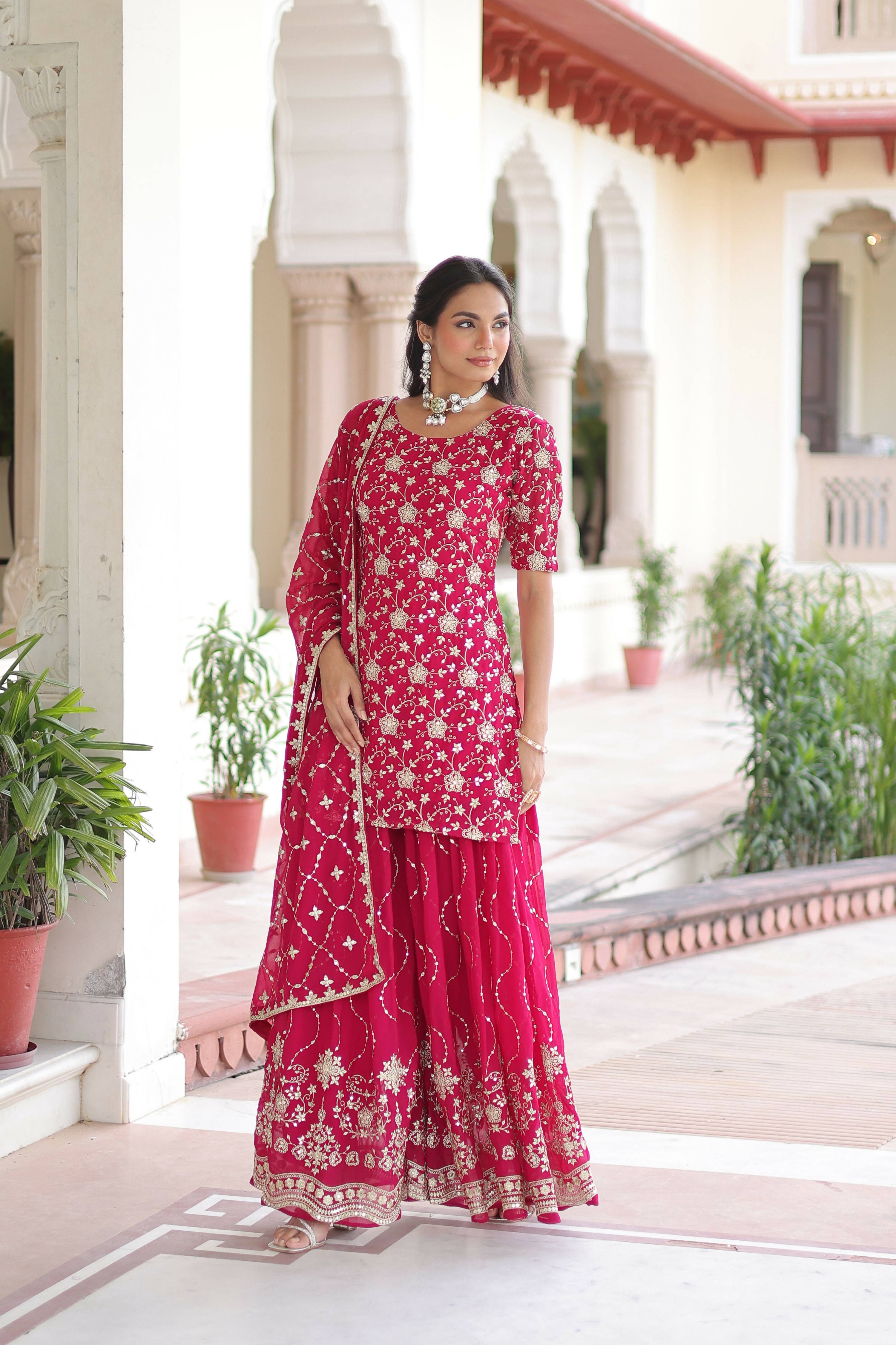 Joban Fashion Pink Readymade Kurta Set With Sequence embroidery Work - Distacart