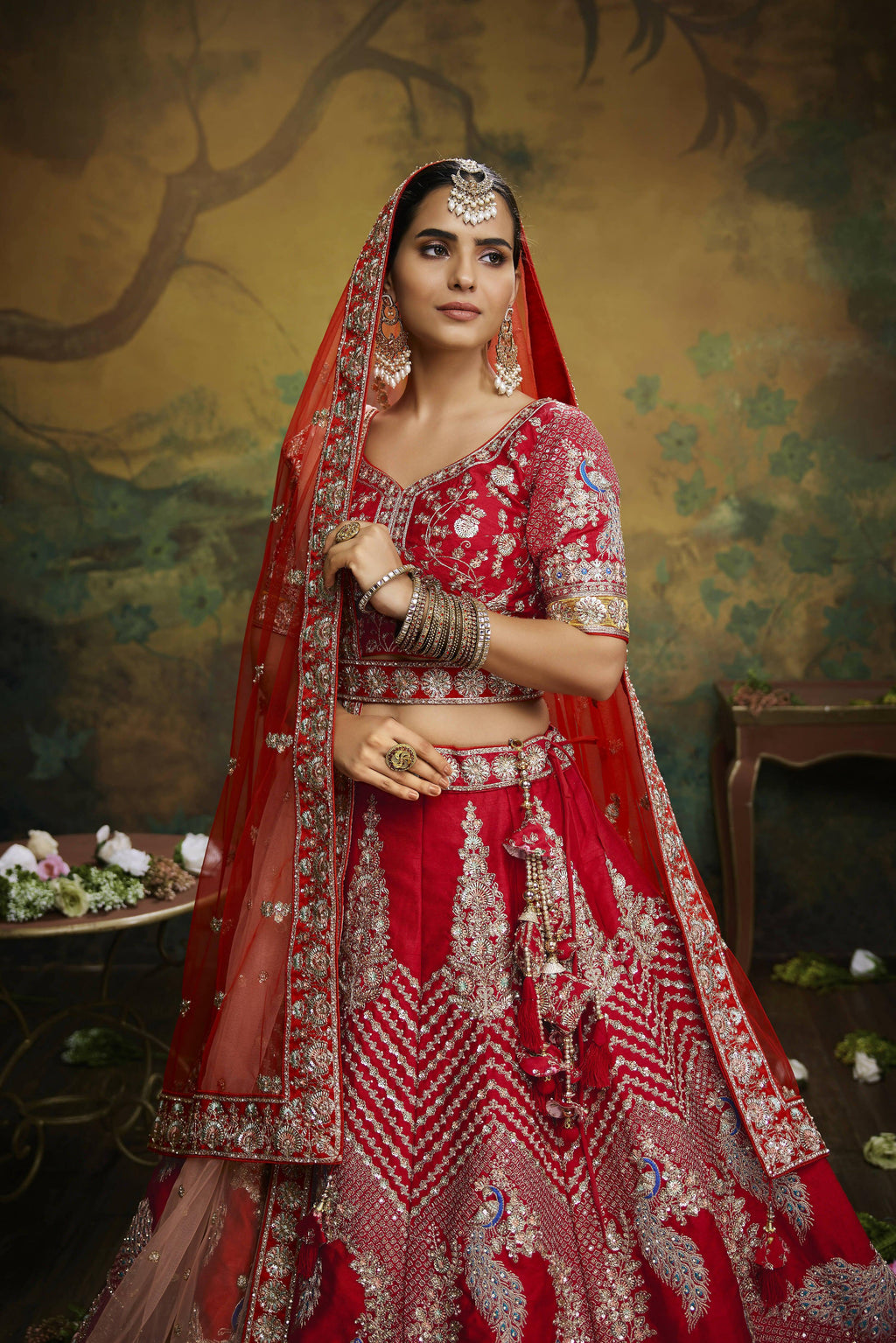 House of Panchhi Red Pure Silk Moti & Zarkan heavy embroidery Lehenga choli & Dupatta