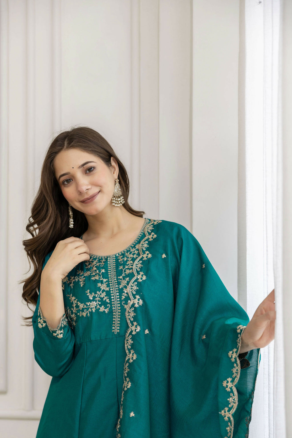 The52 Rama Women's Beautiful Vichitra Silk Fabric Embroidered Work Flared Anarkali Pant and Dupatta Set - Distacart