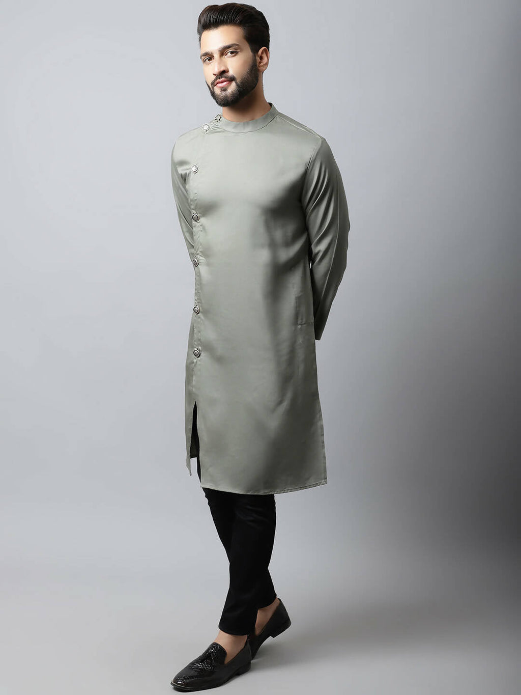 Even Apparels Grey Color Pure Cotton Sherwani Men's Kurta With Asymetrical Cut (SLD1181) - Distacart