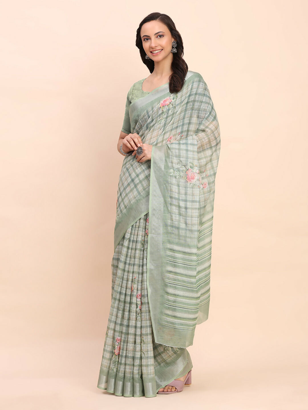 Shree Shyam Fashion Linen Cotton Light Green Saree - Distacart