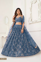 Aastha Fashion More Peach Butterfly Net Tone To Tone Thread Work, Sequence Work And Original Mirror Work Embroidery Wedding Wear Lehenga Choli