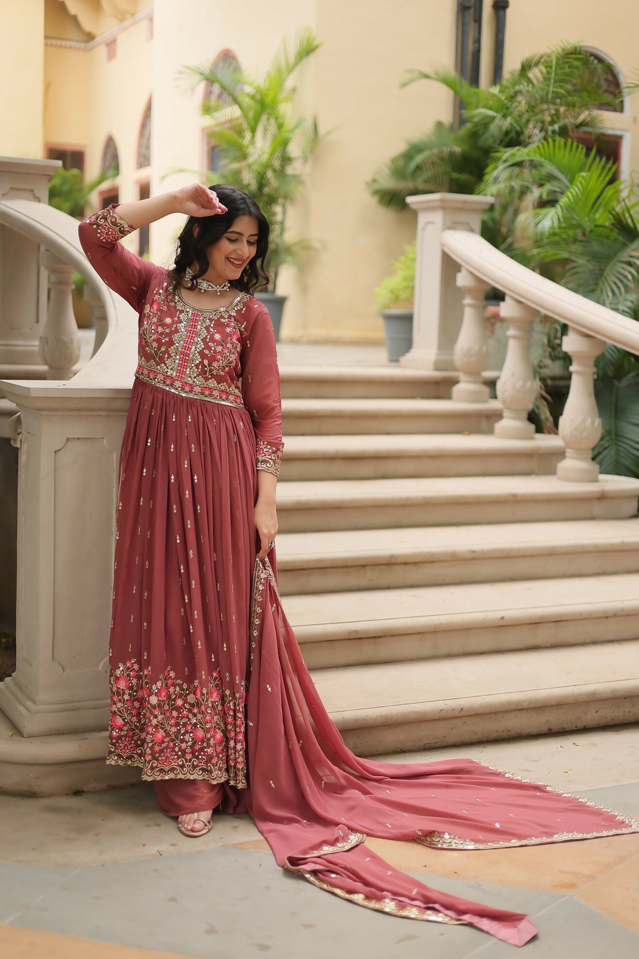 Joban Fashion Coffee Georgette Sequence Embroidery Work Kurta Set - Distacart