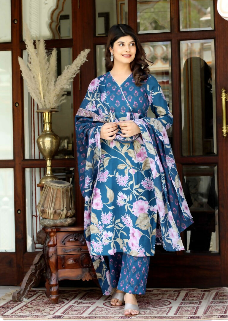 Miravan Women's Cotton Floral Angrakha Kurta And Palazzo With Dupatta Set