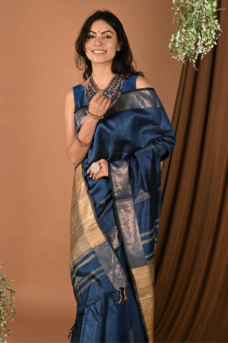 Very Much Indian Handloom Pure Dupion Silk Saree With Sleek Golden Border - Blue