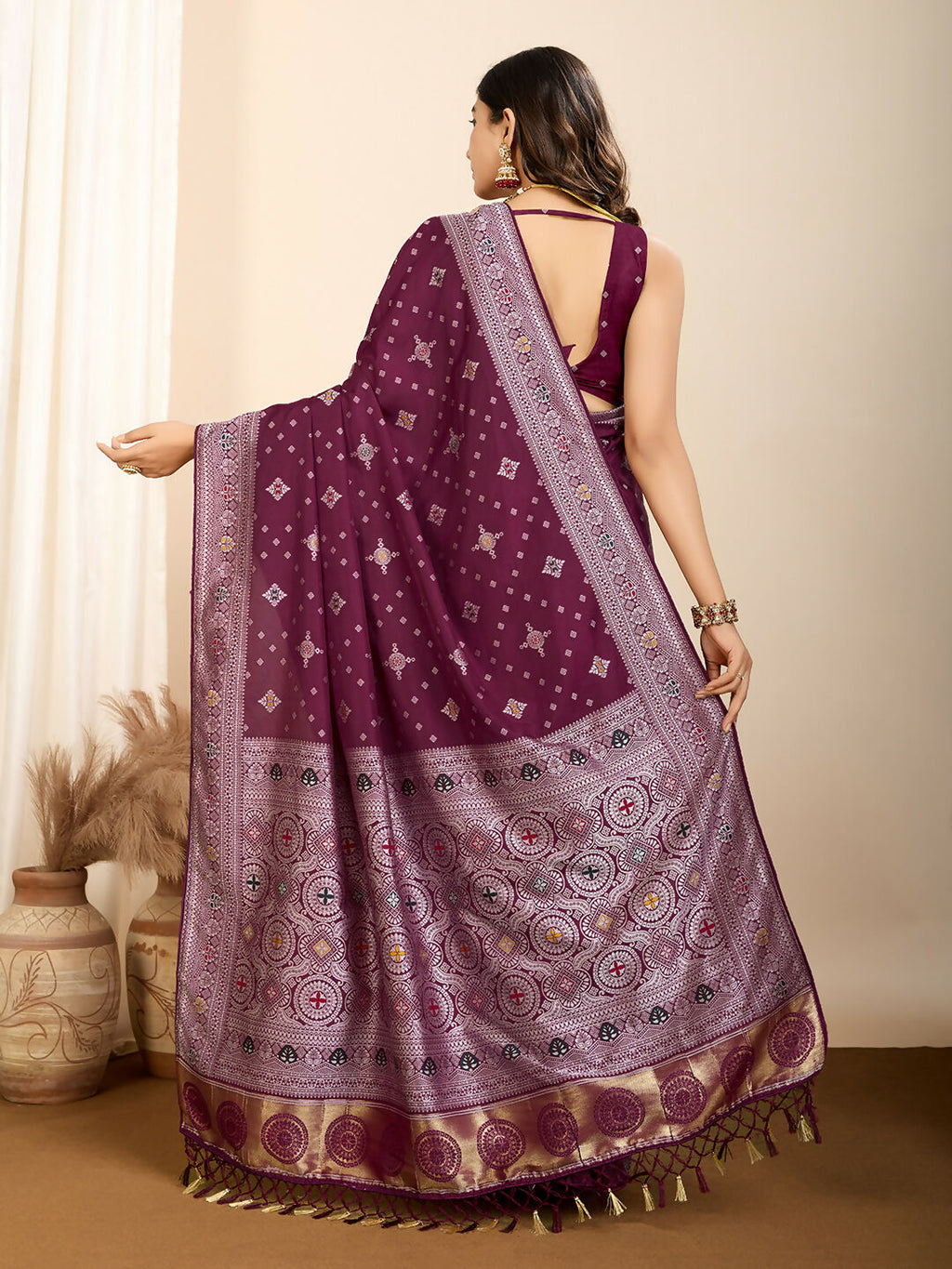 Wine Soft Silk Woven Meenakari Designer Saree - Vedanti
