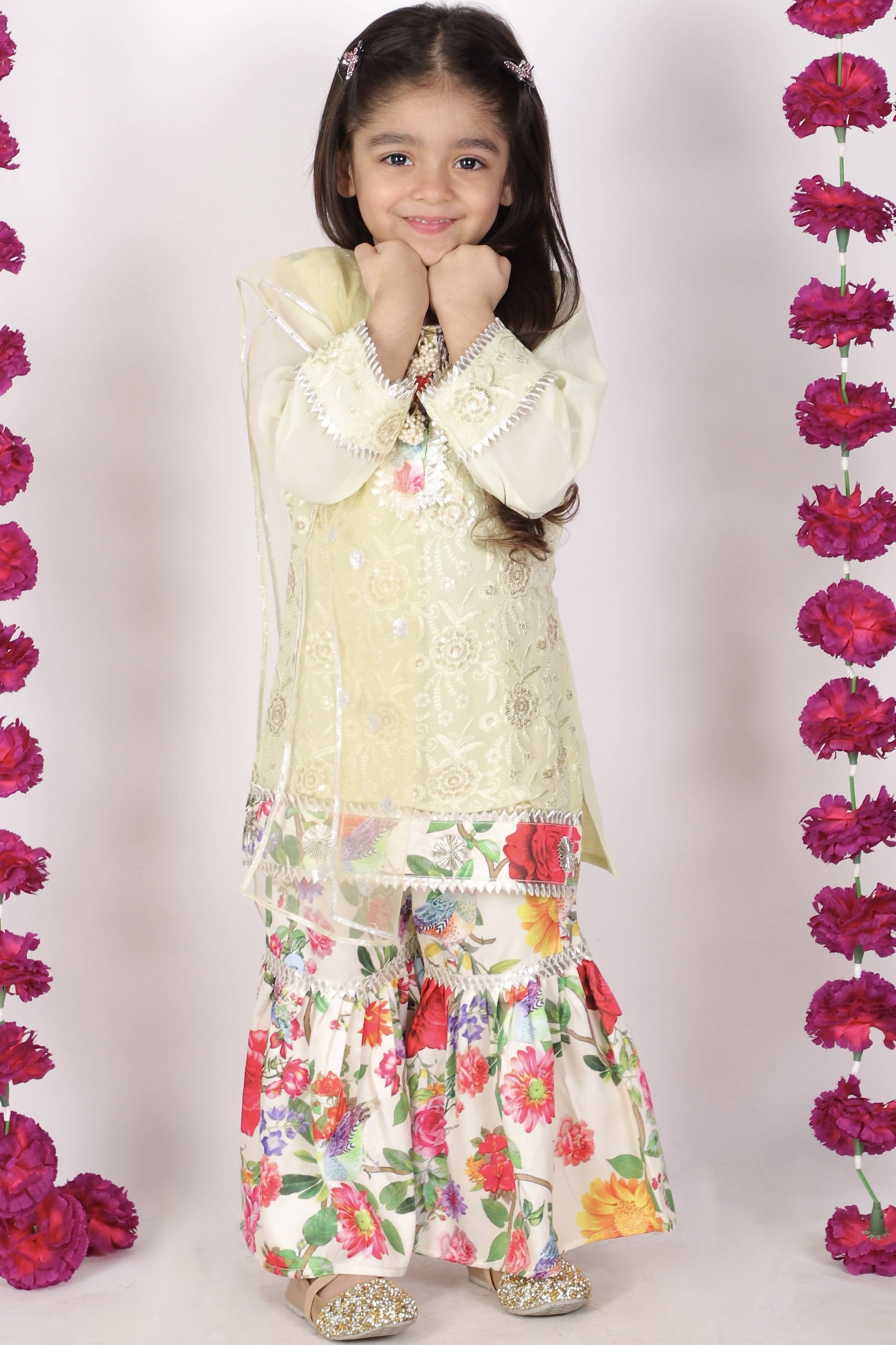 Little Bansi Girls Green & yellow Embrodiery Kurta with Floral Sharara