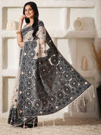 Shree Shyam Fashion Linen Cotton Black & Cream Saree - Distacart