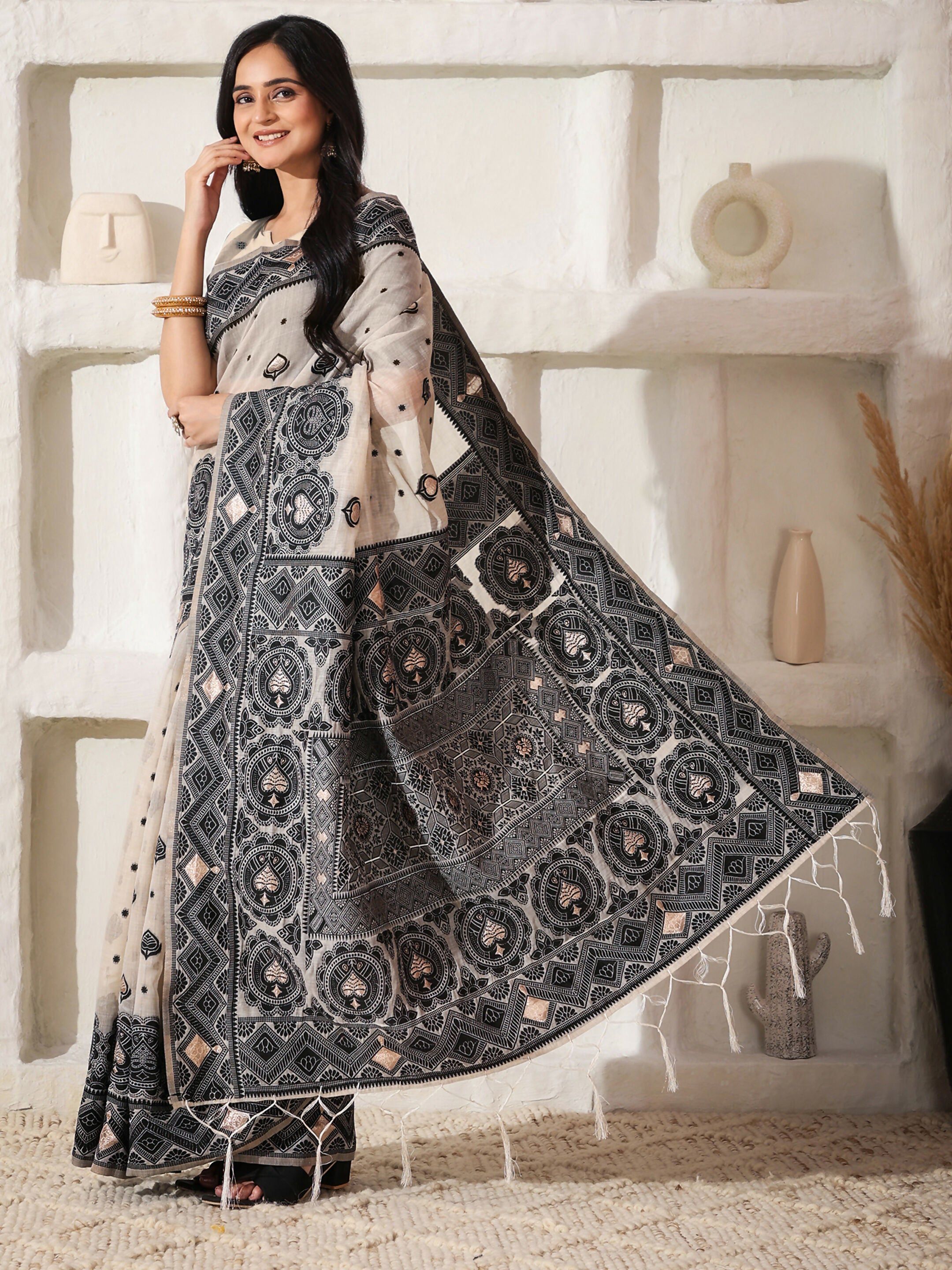 Shree Shyam Fashion Linen Cotton Black & Cream Saree - Distacart