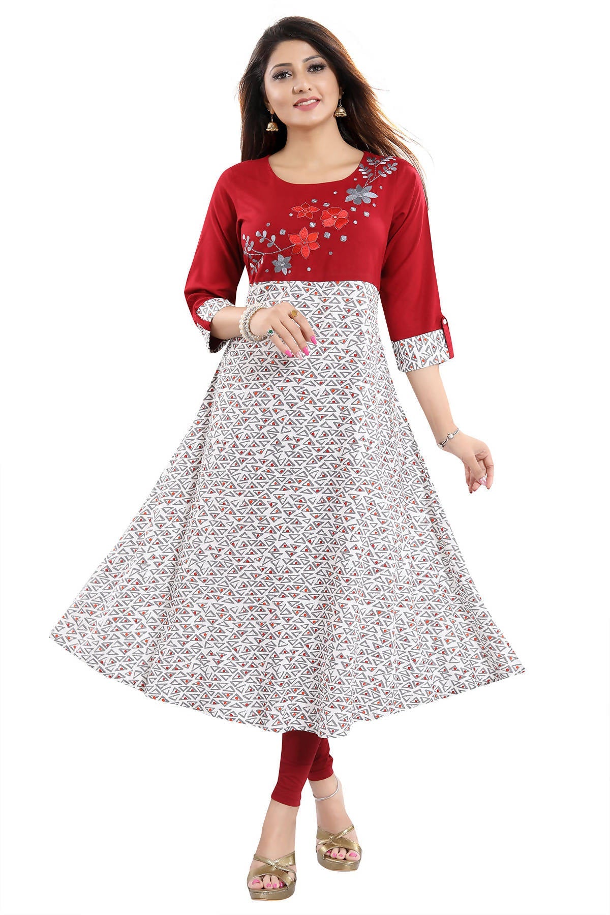 Snehal Creations Magnificent Maroon Rayon Printed Flared Long Tunic - Distacart
