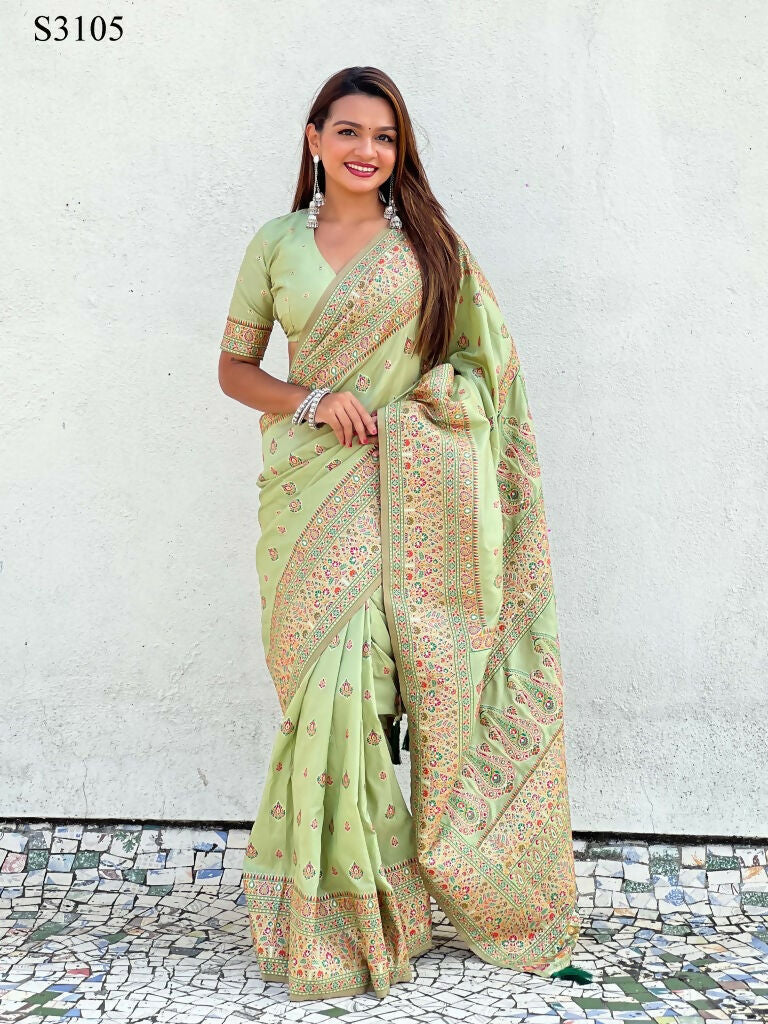 Pista Pashmina Silk Wevon Kashmiri Meenakari Designer Saree with Unstitched Blouse - Vandini
