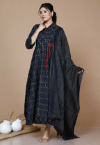 Miravan Women's Abstract Printed & Tasseles Angrakha Kurta With Blue Dupatta Set