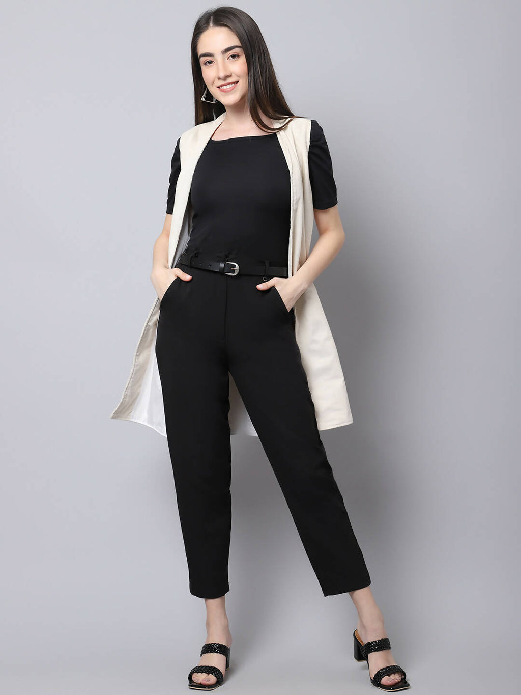 Even Apparels White Polywool Open Front Corduroy Women's Long Coat