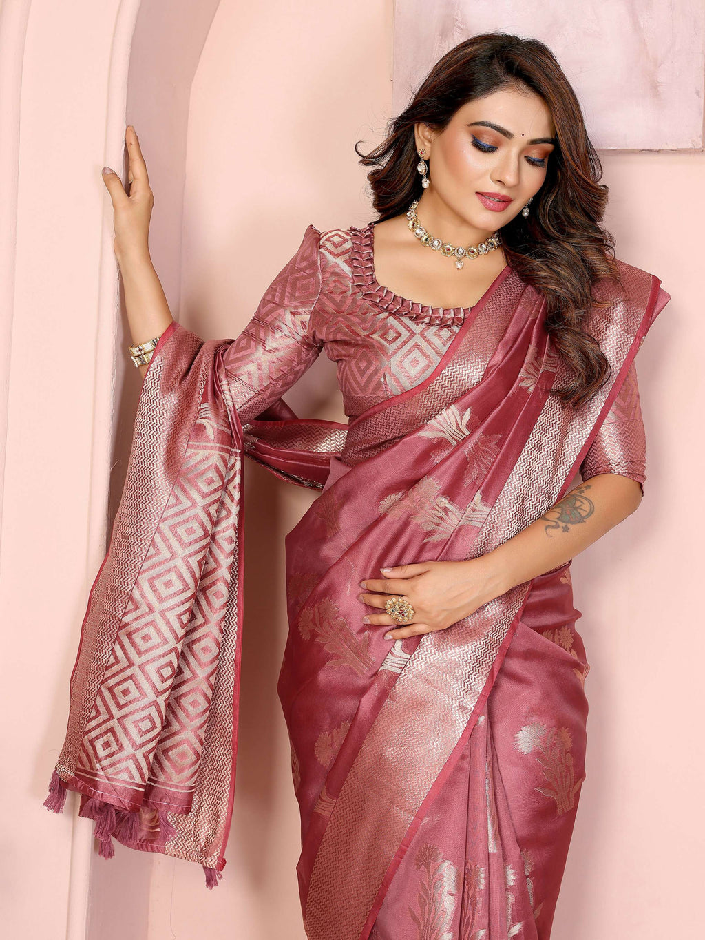Aastha Fashion Dusty Rose Soft Organza Silk Weaving Saree - Distacart