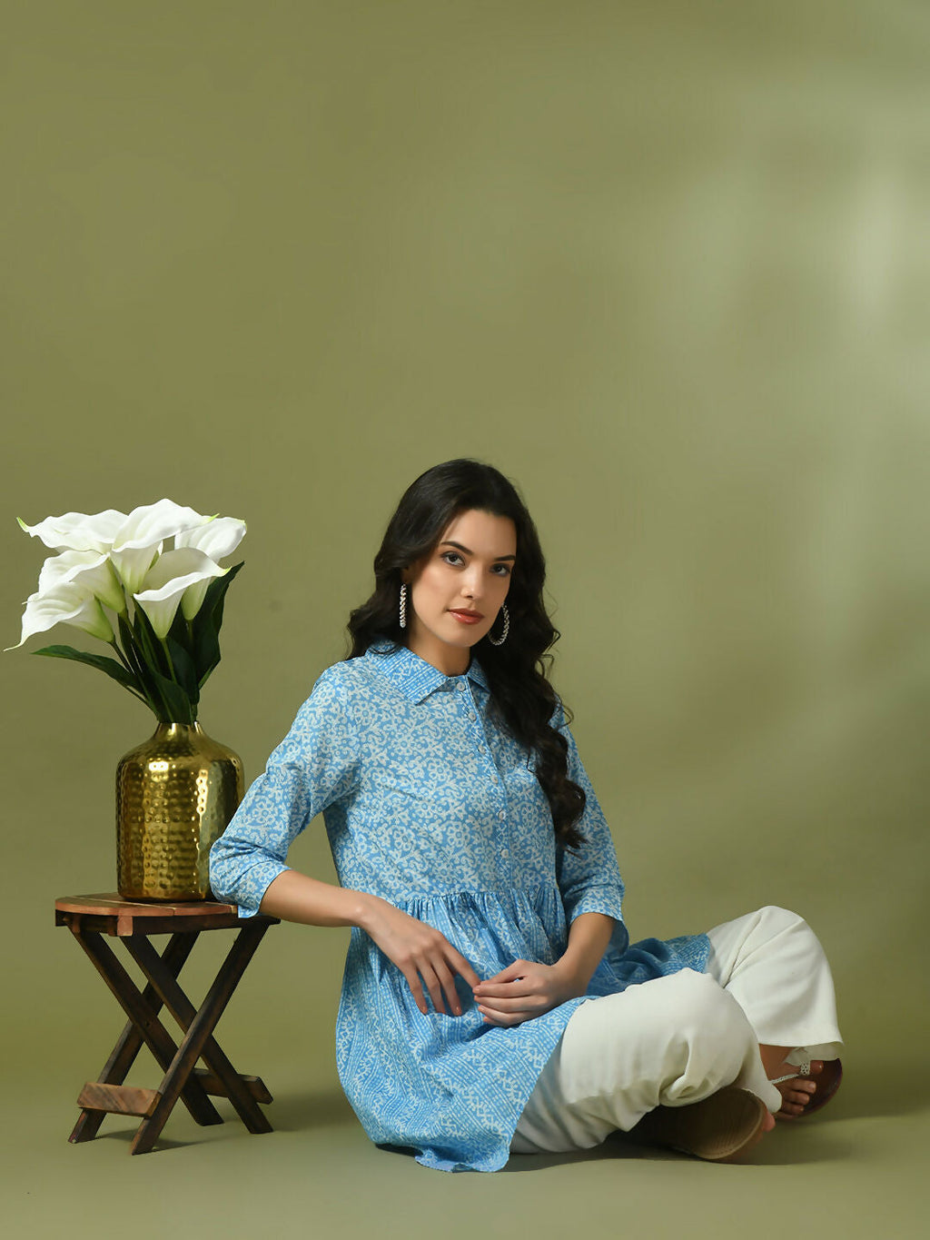 Myshka Women's Blue Embellished Cotton Gathered Party Empire Top